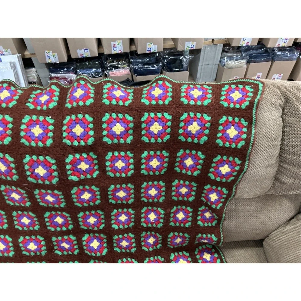 Vtg 70s Brown Multicolor Flower Square Afghan Blanket Granny Crochet Throw 48x60